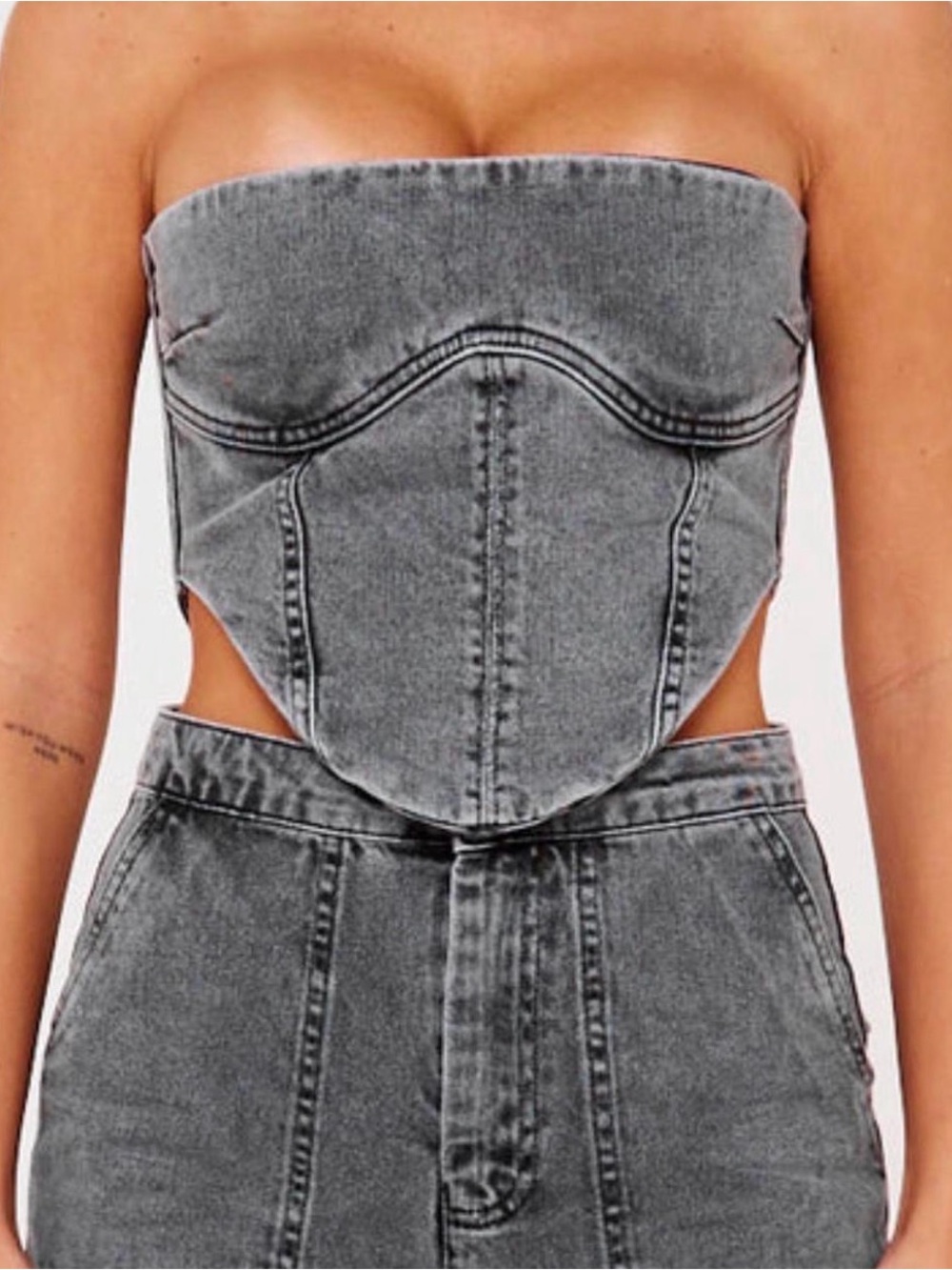 Strapless Grey Denim Corset Crop Top